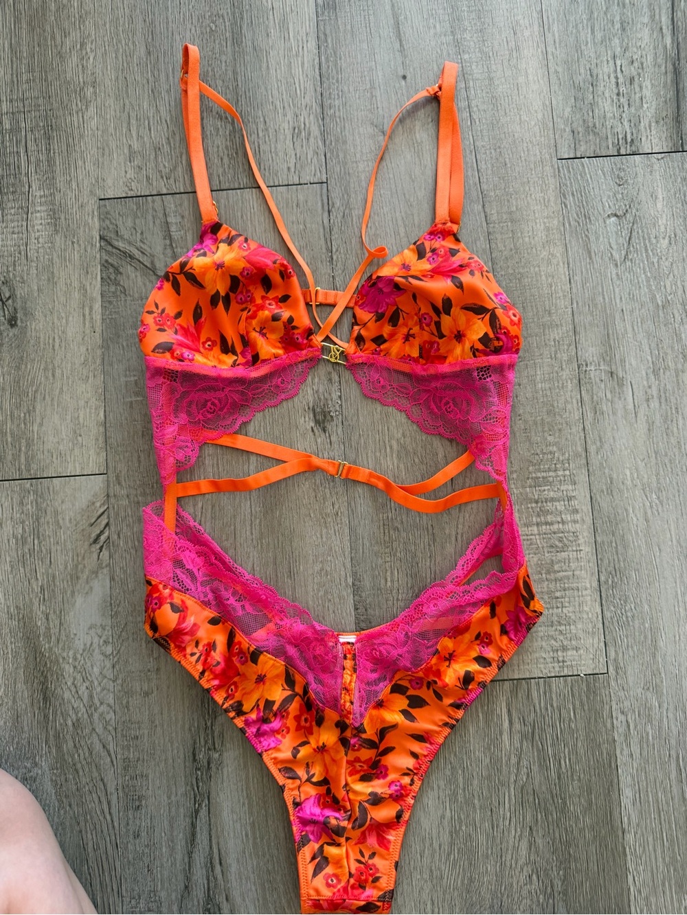Victoria's Secret Orange Floral Lace One-Piece with Hot Pink Trim